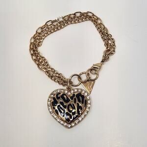 Guess Animal Print Enamel Heart Charm Multi Chain Bracelet Gold Tone Chunky